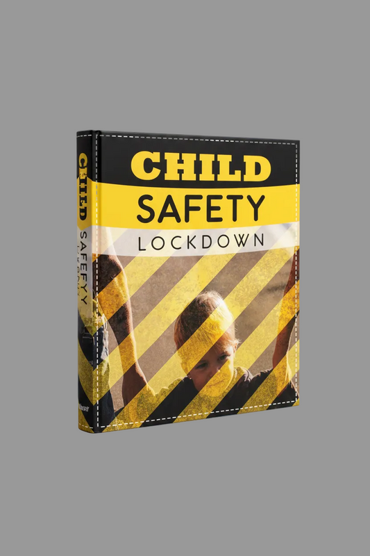 Book cover for 'Child Safety Lockdown' featuring a yellow and black striped background with a silhouette of a child's face and hands in the foreground.